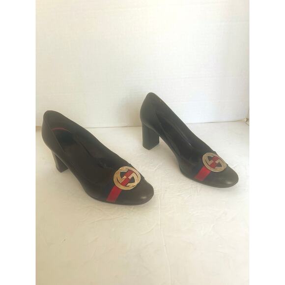 Gucci Dark Brown Calf Leather Gold GG Logo Block Heel Slip On Pumps Sz 7C - Picture 4 of 14